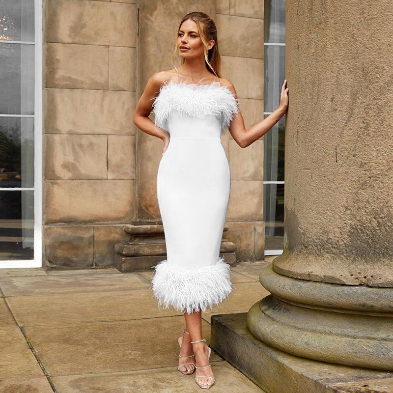Feather Off Shoulder Bandage Elegant Women Dress White Dress Tube Dress Party Prom Robe for Women Birthday Pencil Vestidos Sexy Wrap Buttocks