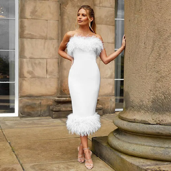 Feather Off Shoulder Bandage Elegant Women Dress White Dress Tube Dress Party Prom Robe for Women Birthday Pencil Vestidos Sexy Wrap Buttocks