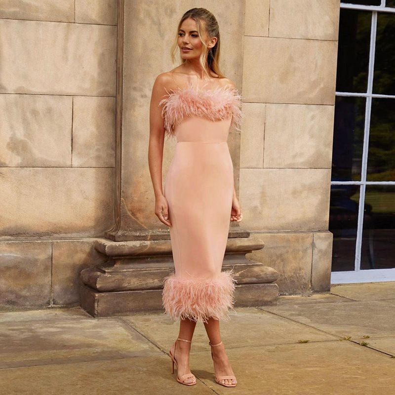 Feather Off Shoulder Bandage Elegant Women Dress White Dress Tube Dress Party Prom Robe for Women Birthday Pencil Vestidos Sexy Wrap Buttocks