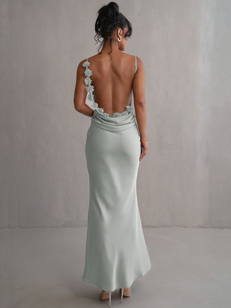 Elegant Floral Draped Backless Maxi Long Dress Women's Spaghetti Strap Sleeveless Bodycon Evening Party Dress Slip Dress