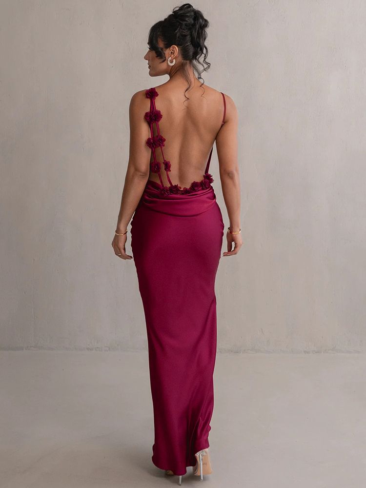 Elegant Floral Draped Backless Maxi Long Dress Women's Spaghetti Strap Sleeveless Bodycon Evening Party Dress Slip Dress