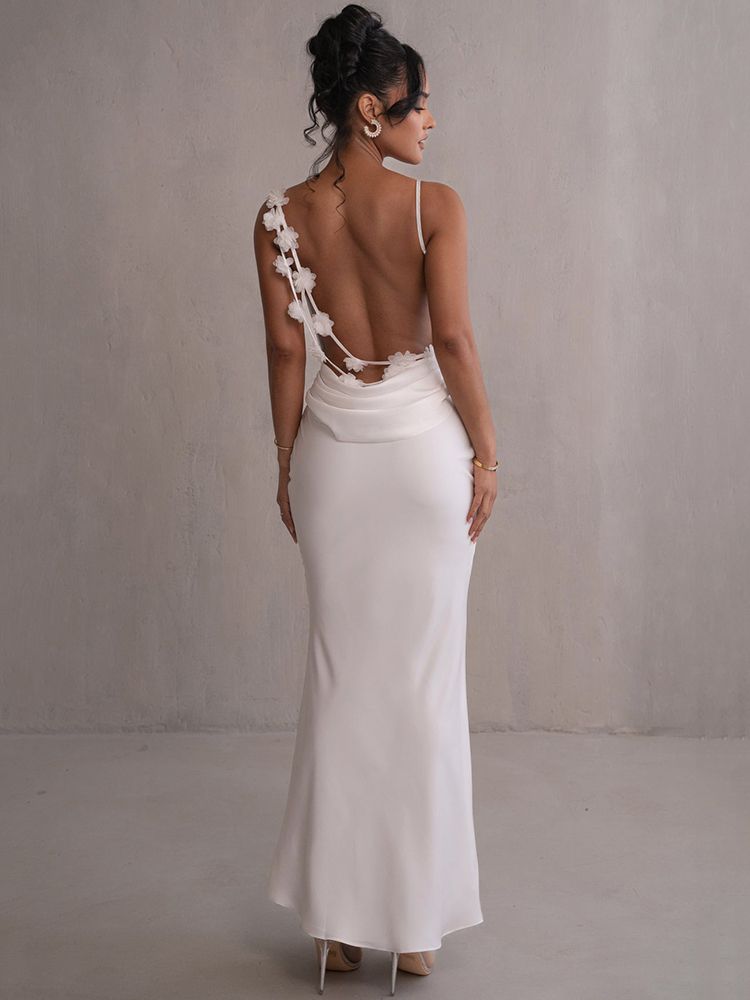 Elegant Floral Draped Backless Maxi Long Dress Women's Spaghetti Strap Sleeveless Bodycon Evening Party Dress Slip Dress