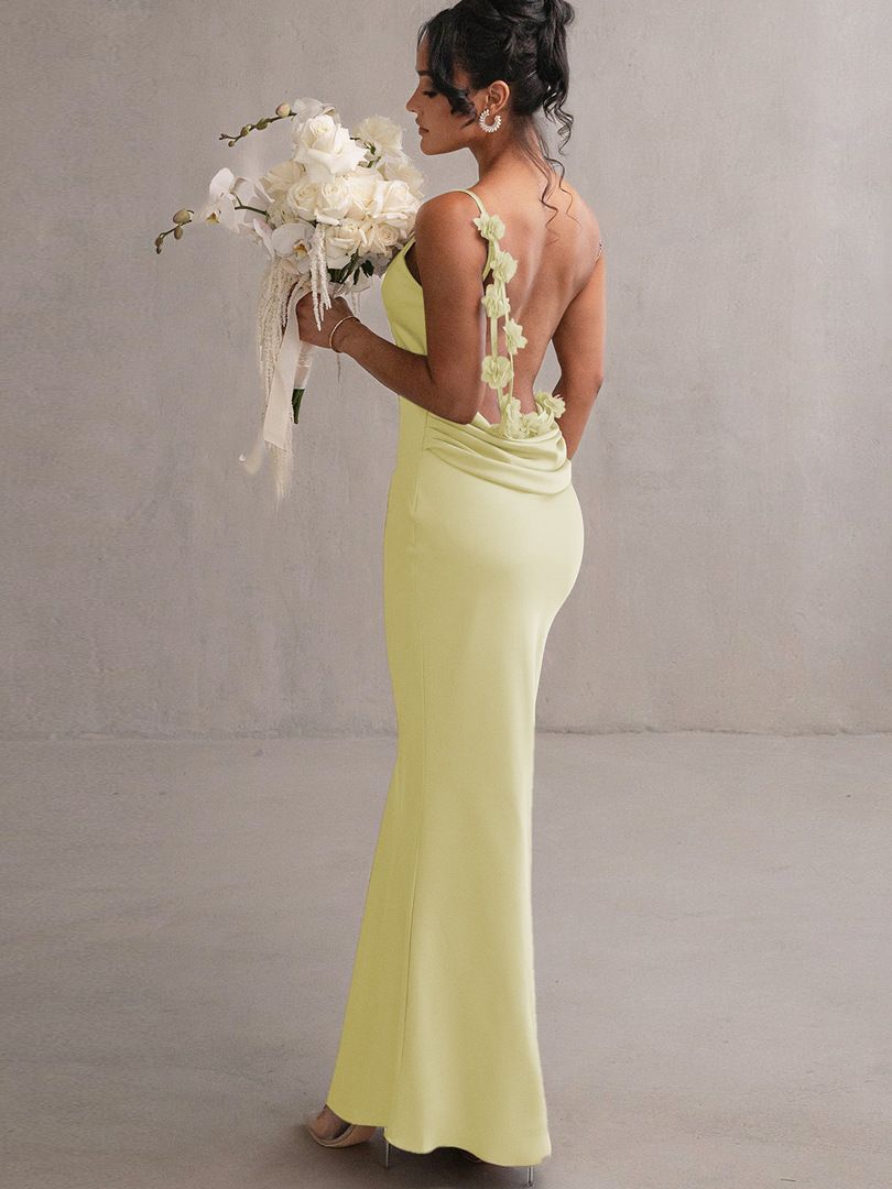 Elegant Floral Draped Backless Maxi Long Dress Women's Spaghetti Strap Sleeveless Bodycon Evening Party Dress Slip Dress