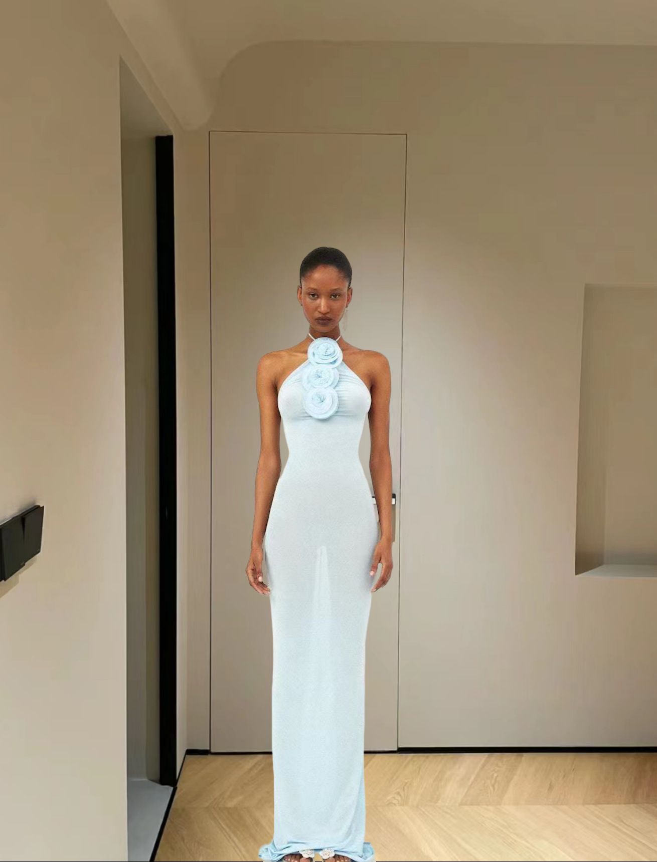 Halter Neck 3D Flower Bodycon Long Dress Women's Light Blue Sleeveless Lace-up Floor Length Maxi Dress Evening Party Club Dresses
