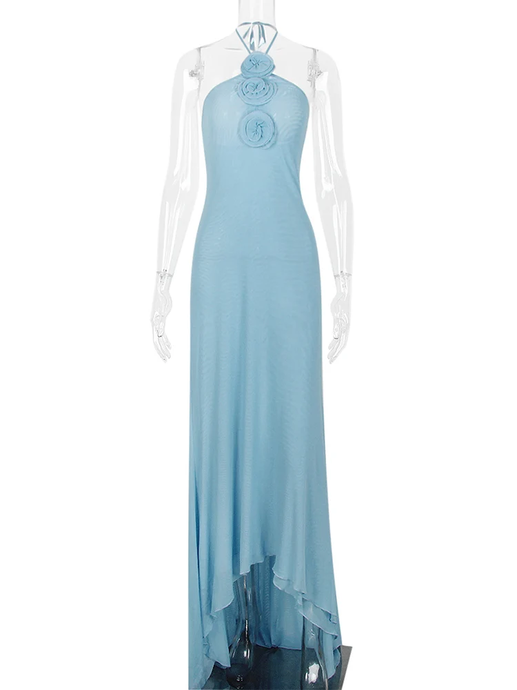 Halter Neck 3D Flower Bodycon Long Dress Women's Light Blue Sleeveless Lace-up Floor Length Maxi Dress Evening Party Club Dresses