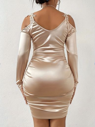 Contrast Lace Cold Shoulder Dress Elegant Surplice Neck Long Sleeve Ruched Sheath Dress Eletant Mini Dress