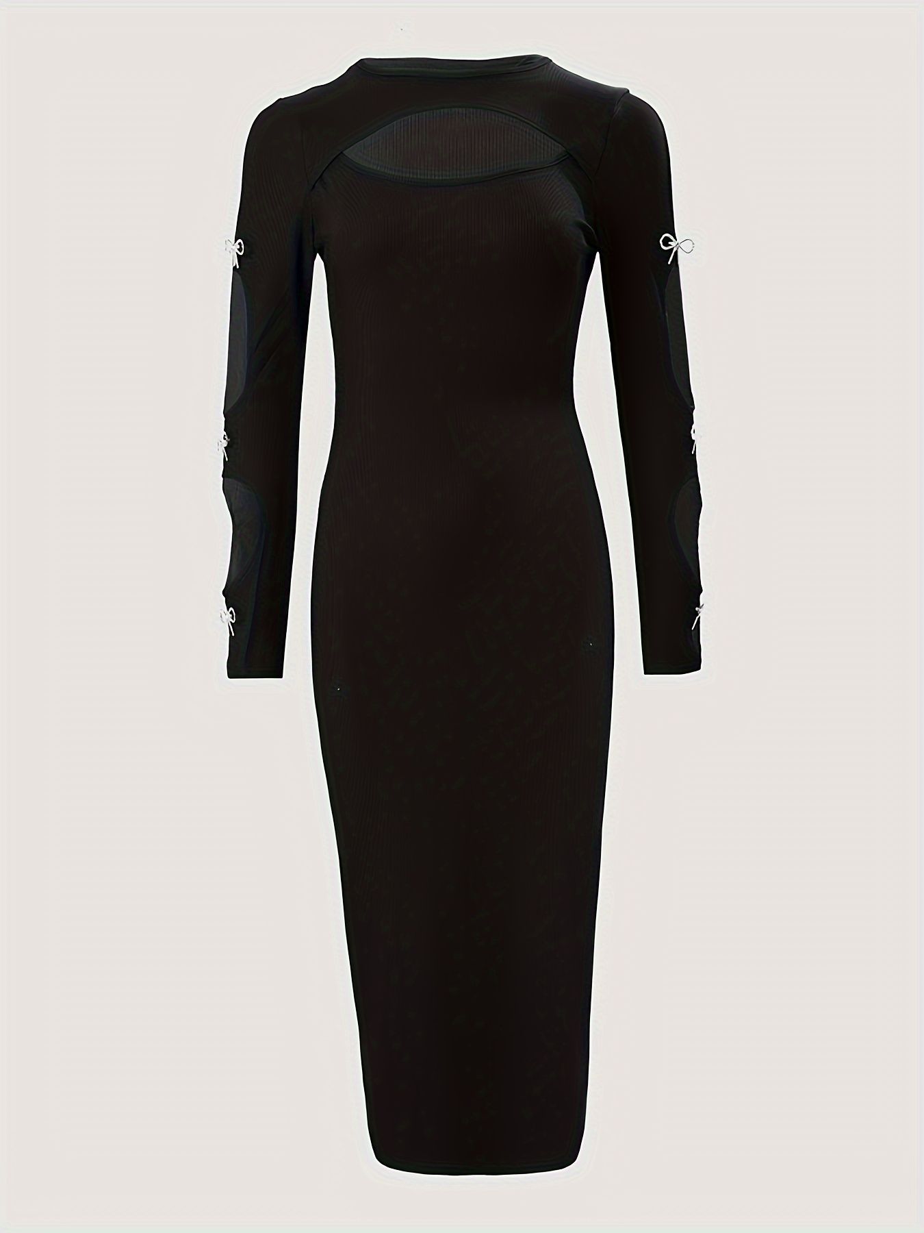 Elegant Black Bow Decor Cutout Long Sleeve Round Neck Bodycon Sexy Party Night Out Midi Dress Ladies Midi Dress