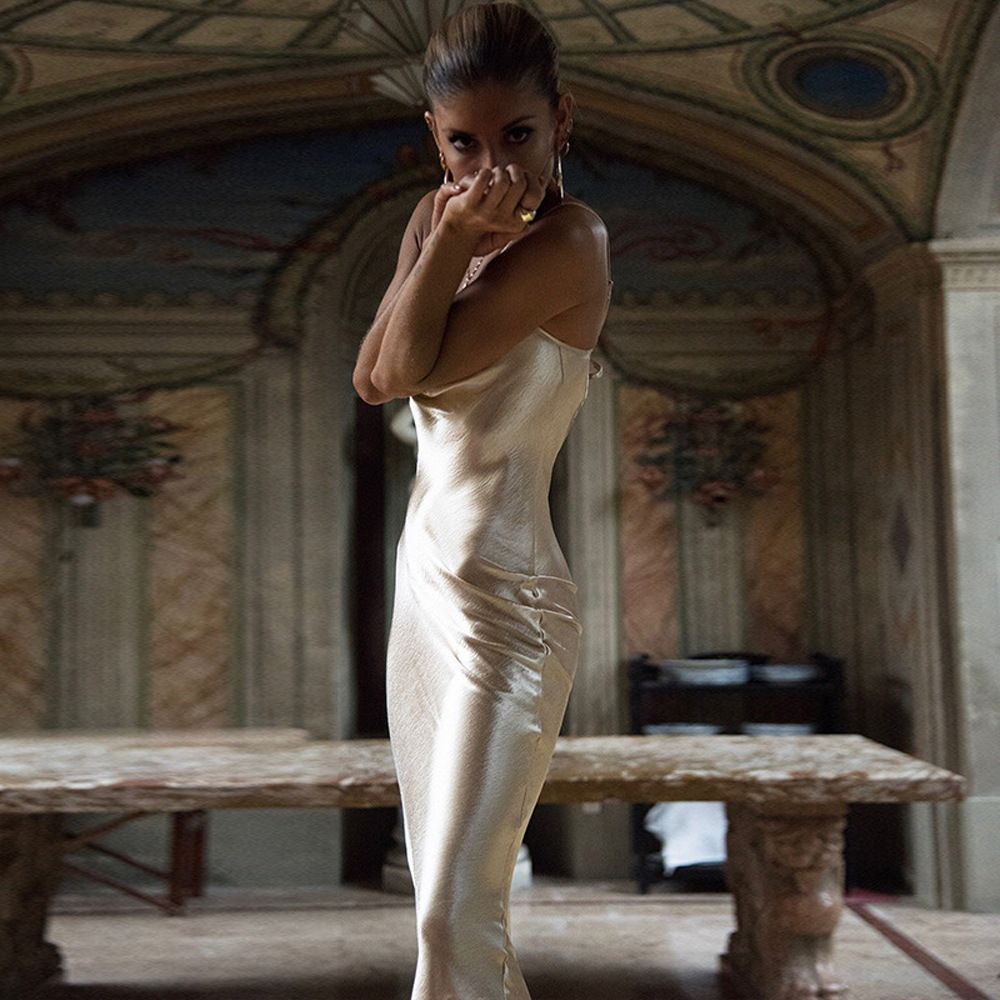 Solid Color Cross Section Street Trendsetter Suspender Silk Fishtail One Step Dress for Women Gown Summer Spaghetti Strap Sleeveless Party Dress