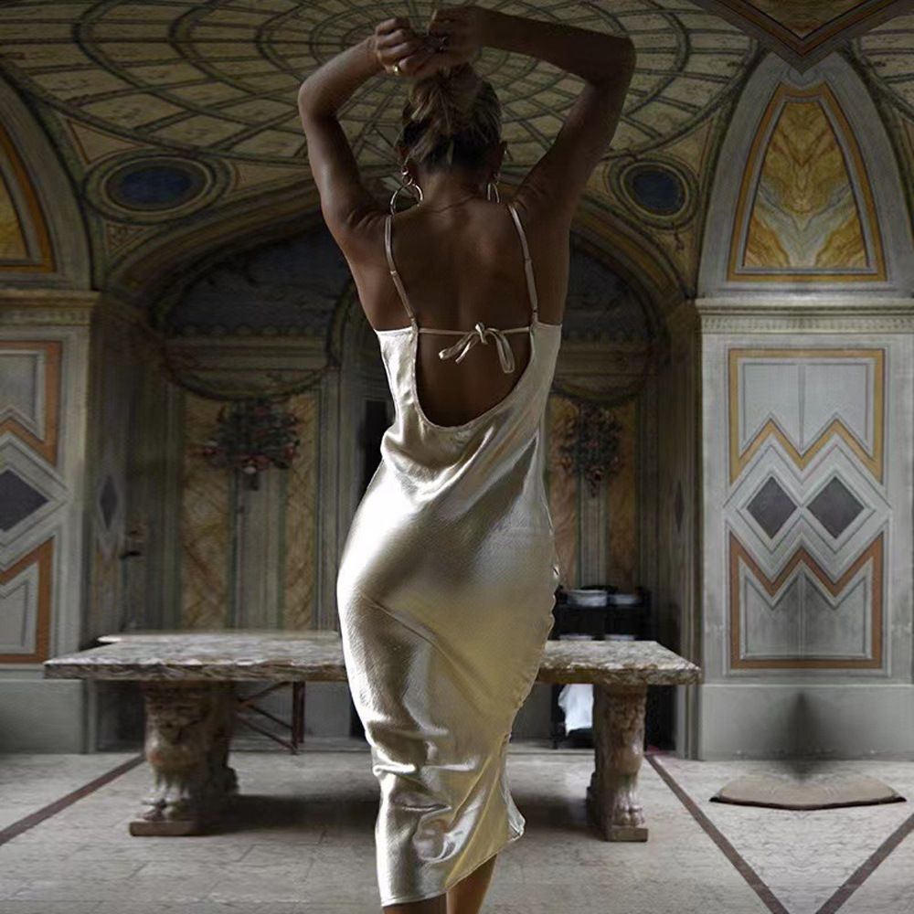 Solid Color Cross Section Street Trendsetter Suspender Silk Fishtail One Step Dress for Women Gown Summer Spaghetti Strap Sleeveless Party Dress