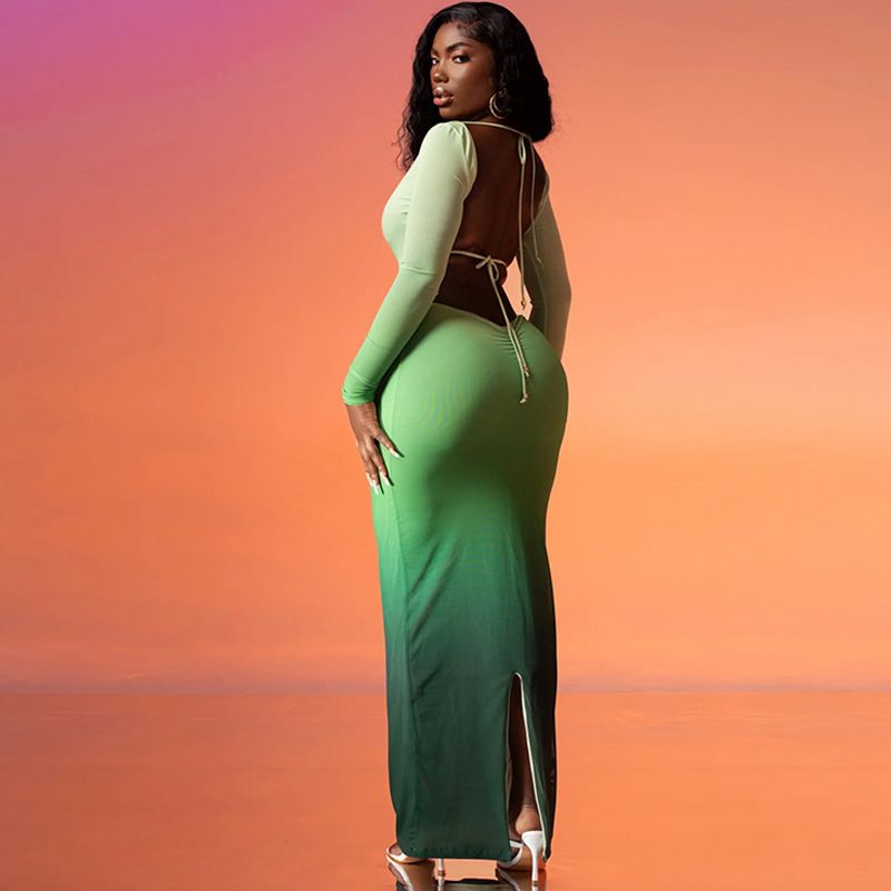 Sexy Front Chest Hollow Out Gradient Slim Bodycon Maxi Dress Women Cross Strap Backless Skinny Long Sleeve Evening Dress Club Party Dress