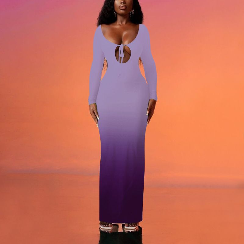 Sexy Front Chest Hollow Out Gradient Slim Bodycon Maxi Dress Women Cross Strap Backless Skinny Long Sleeve Evening Dress Club Party Dress