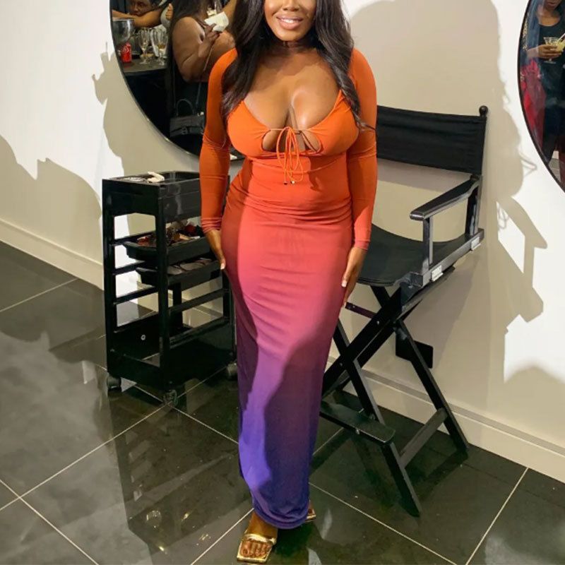 Sexy Front Chest Hollow Out Gradient Slim Bodycon Maxi Dress Women Cross Strap Backless Skinny Long Sleeve Evening Dress Club Party Dress