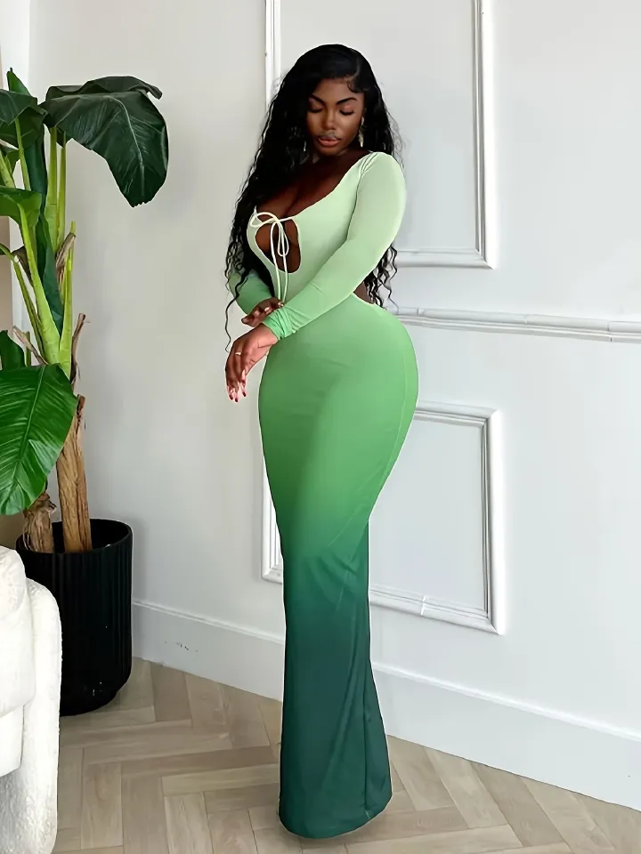 Sexy Front Chest Hollow Out Gradient Slim Bodycon Maxi Dress Women Cross Strap Backless Skinny Long Sleeve Evening Dress Club Party Dress