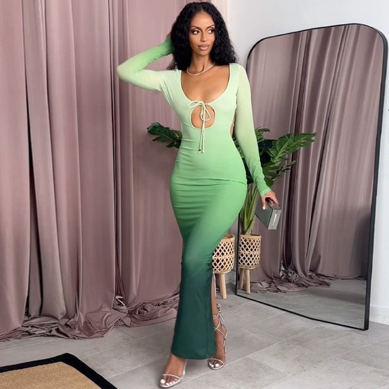 Sexy Front Chest Hollow Out Gradient Slim Bodycon Maxi Dress Women Cross Strap Backless Skinny Long Sleeve Evening Dress Club Party Dress