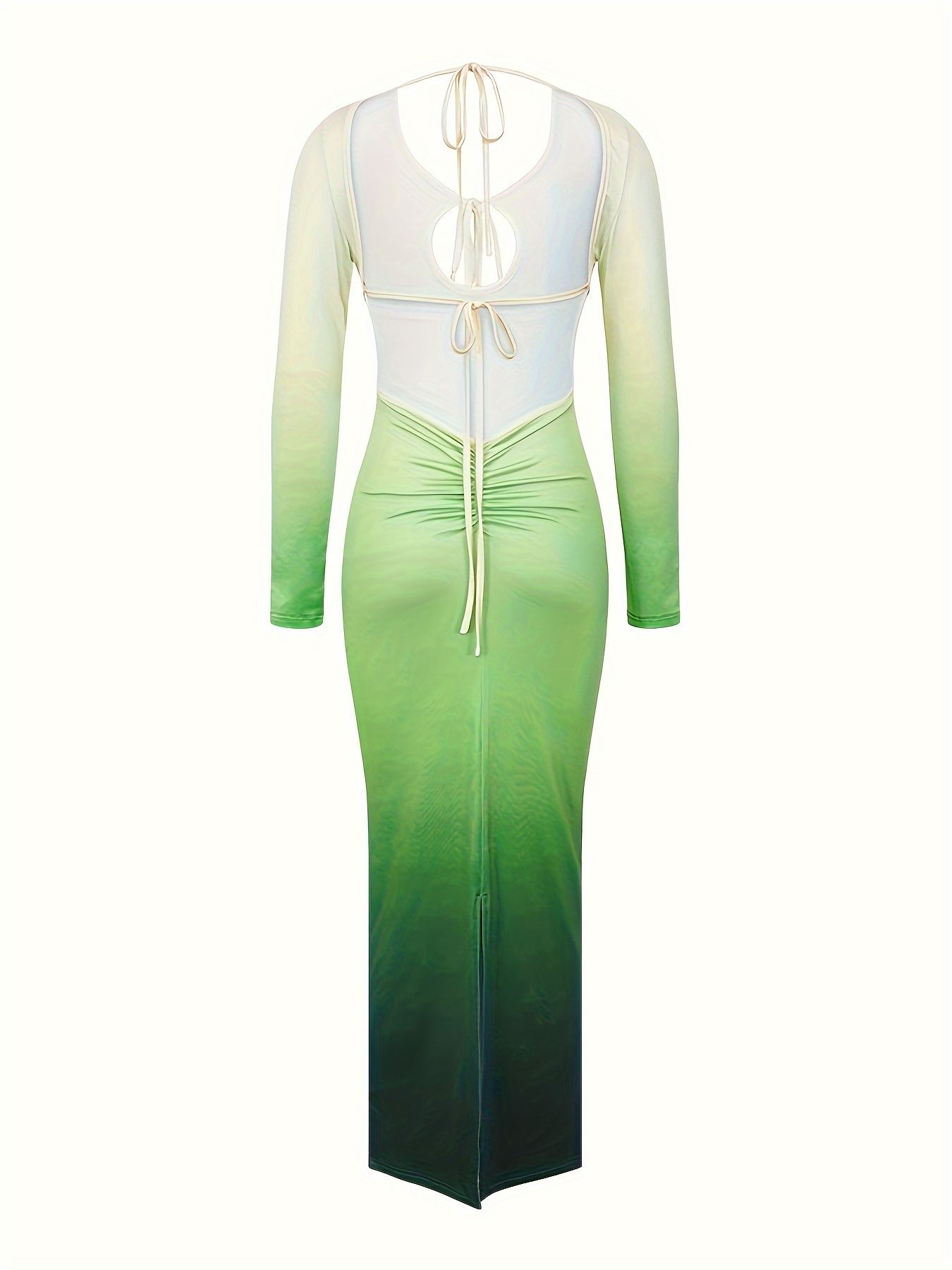 Sexy Front Chest Hollow Out Gradient Slim Bodycon Maxi Dress Women Cross Strap Backless Skinny Long Sleeve Evening Dress Club Party Dress