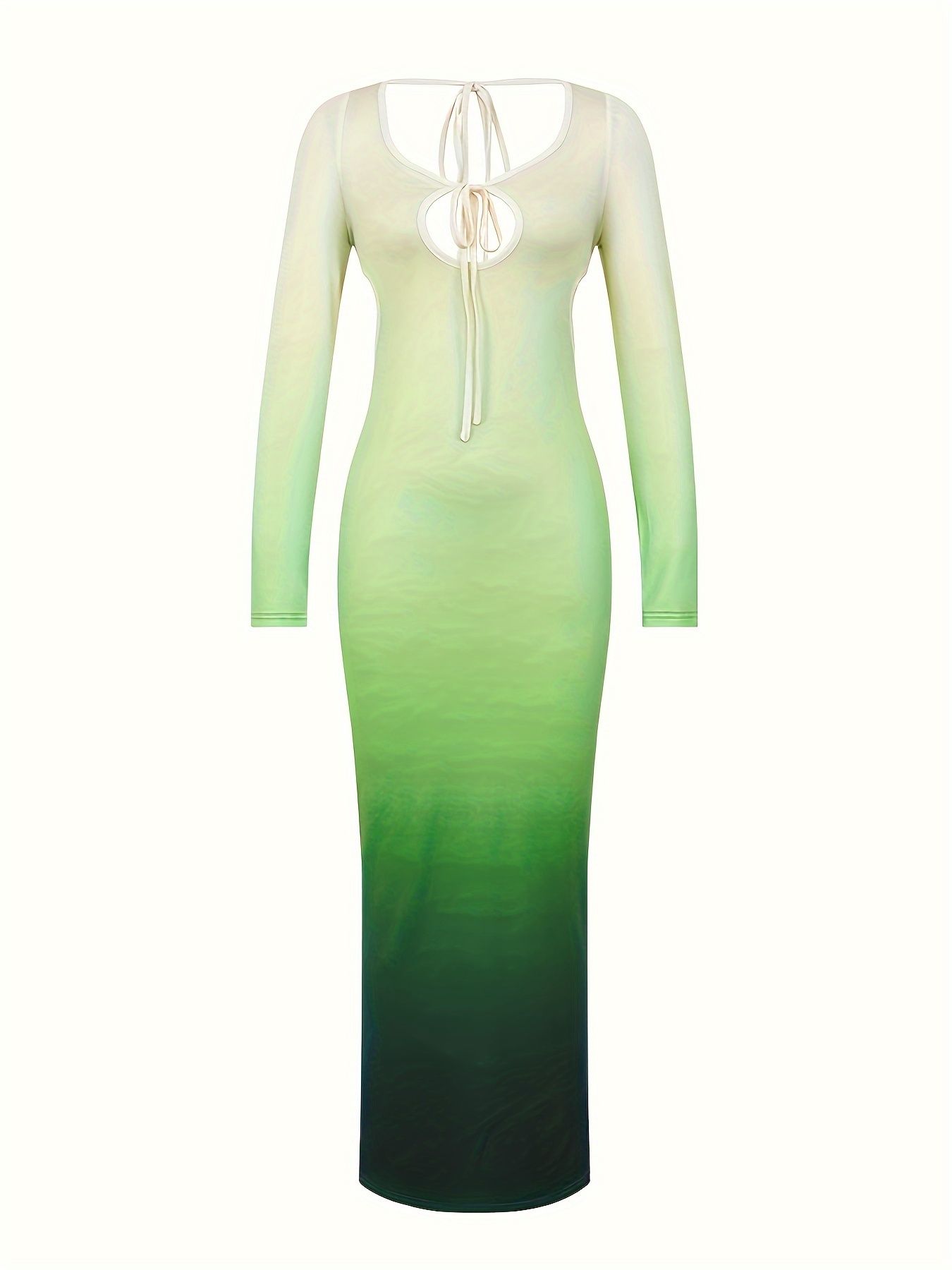 Sexy Front Chest Hollow Out Gradient Slim Bodycon Maxi Dress Women Cross Strap Backless Skinny Long Sleeve Evening Dress Club Party Dress