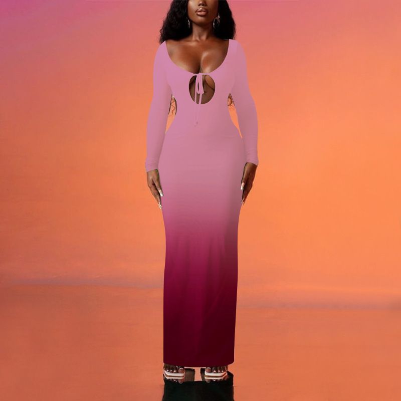 Sexy Front Chest Hollow Out Gradient Slim Bodycon Maxi Dress Women Cross Strap Backless Skinny Long Sleeve Evening Dress Club Party Dress