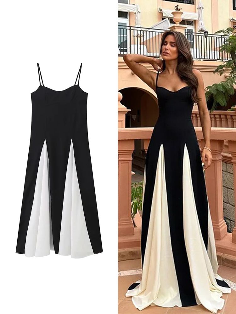 Elegant Strap Midi Dress Women's Sexy Sleeveless Sling Party Black White Patchwork Hem Maxi Dresses
