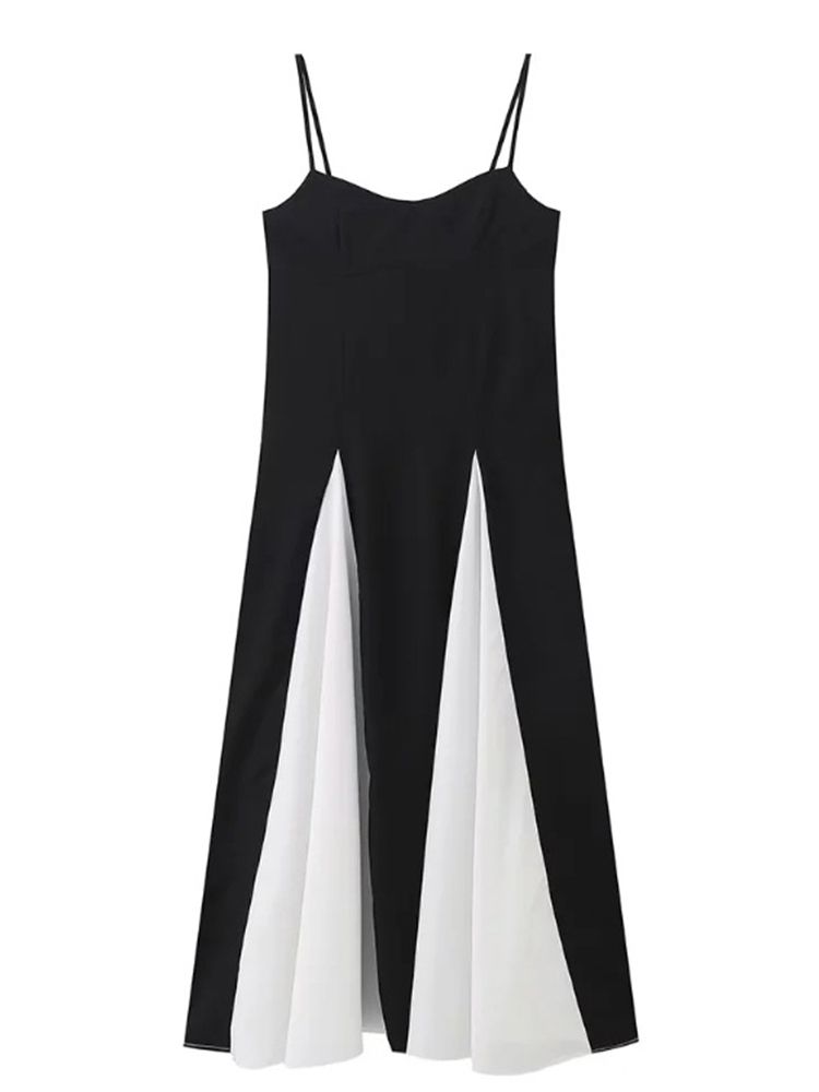 Elegant Strap Midi Dress Women's Sexy Sleeveless Sling Party Black White Patchwork Hem Maxi Dresses
