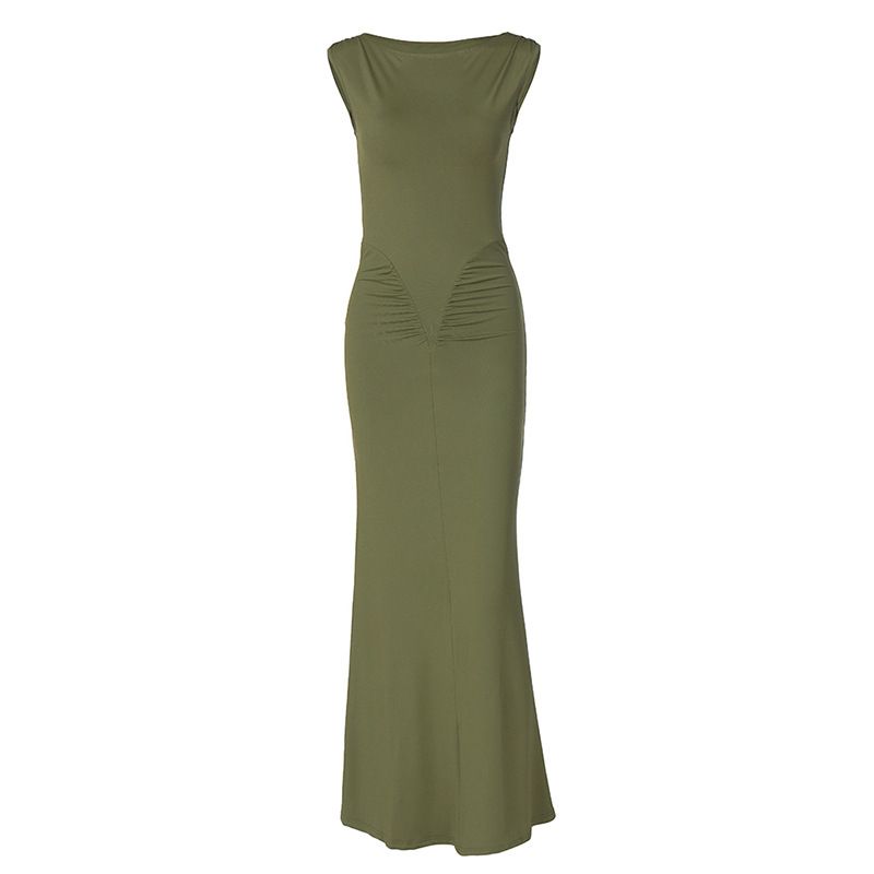 Elegant Stunning Solid Mock Neck Women's Dress Summer Fashion Simple Solid Sleeveless Cinched Waist Maxi Bodycon Soft Dress