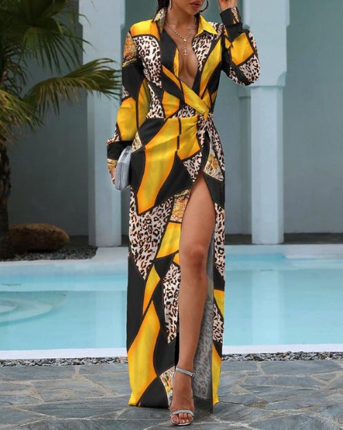 Sexy Maxi Dress Women's Evening Gown Wear Ladies V Neck Long Sleeve Split Dresses