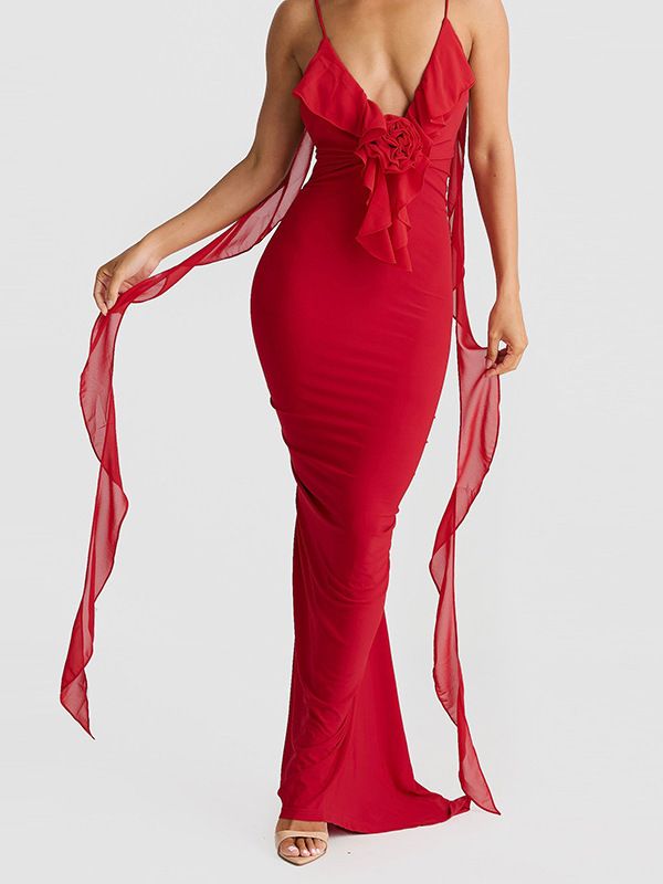 Sexy Spaghetti Strap Backless 3D Flower Women's Dress Elegant V-neck Maxi Bodycon Strap Party Club Evening Dress Fishtail Dress
