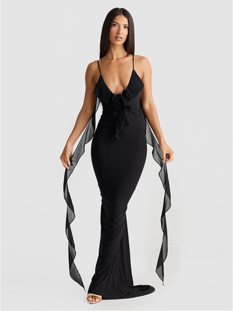 Sexy Spaghetti Strap Backless 3D Flower Women's Dress Elegant V-neck Maxi Bodycon Strap Party Club Evening Dress Fishtail Dress