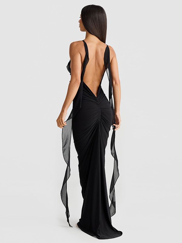 Sexy Spaghetti Strap Backless 3D Flower Women's Dress Elegant V-neck Maxi Bodycon Strap Party Club Evening Dress Fishtail Dress