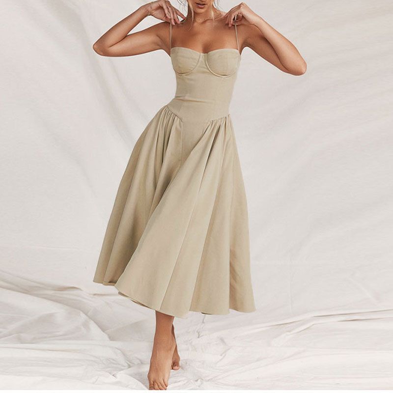 Sexy Solid Pleated Hem Sling Dress Women's Fashion Midi Sleeveless Backless Dresses Party Evening A-line Robes