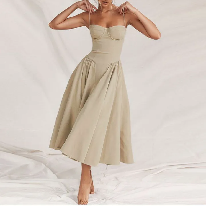 Sexy Solid Pleated Hem Sling Dress Women's Fashion Midi Sleeveless Backless Dresses Party Evening A-line Robes