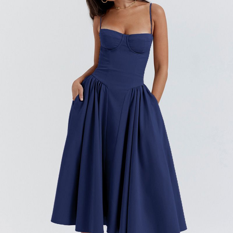 Sexy Solid Pleated Hem Sling Dress Women's Fashion Midi Sleeveless Backless Dresses Party Evening A-line Robes