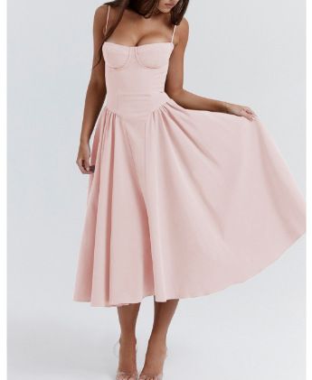 Sexy Solid Pleated Hem Sling Dress Women's Fashion Midi Sleeveless Backless Dresses Party Evening A-line Robes