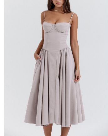 Sexy Solid Pleated Hem Sling Dress Women's Fashion Midi Sleeveless Backless Dresses Party Evening A-line Robes