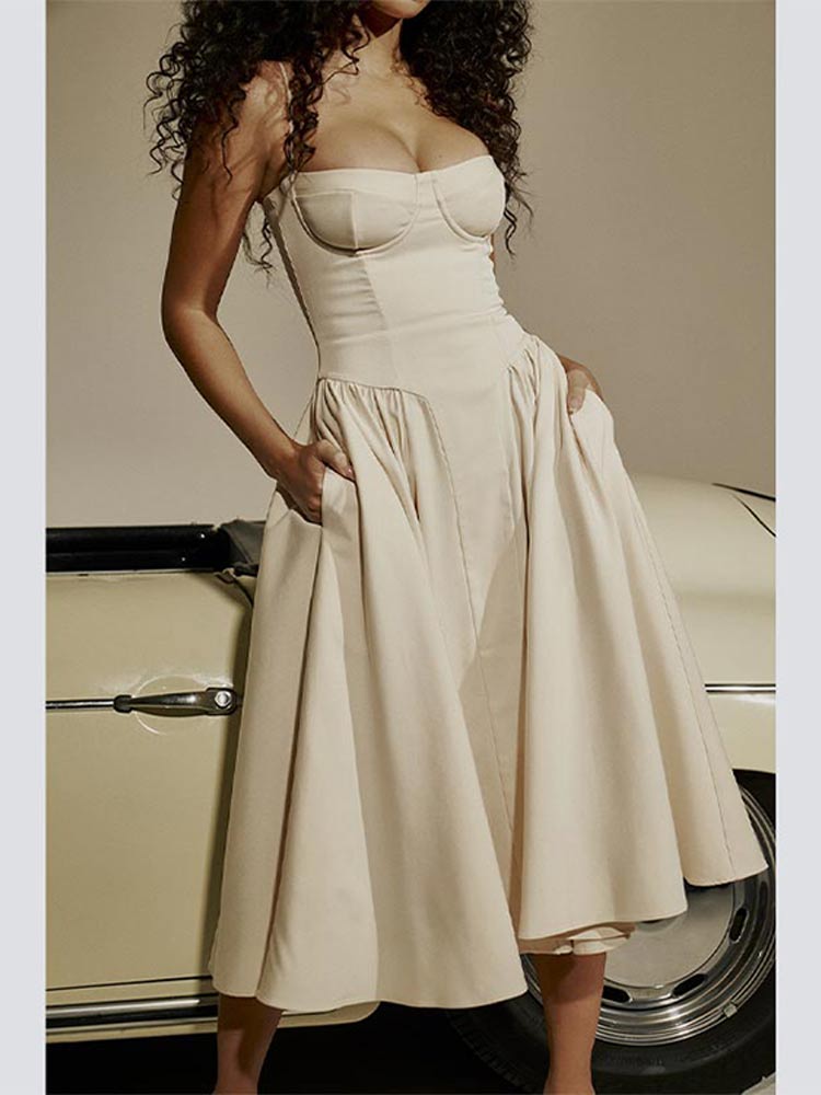 Sexy Solid Pleated Hem Sling Dress Women's Fashion Midi Sleeveless Backless Dresses Party Evening A-line Robes