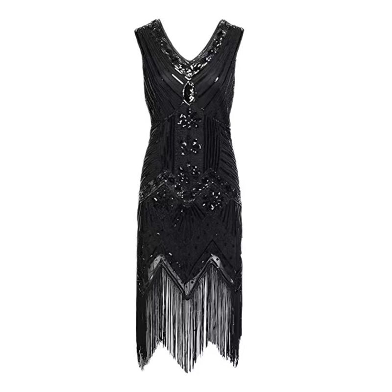 1920s Vintage Flapper Great Gatsby Party Dress V-Neck Sleeveless Sequin Beaded Tassel Midi Dress Party & Banquet Gown for Women