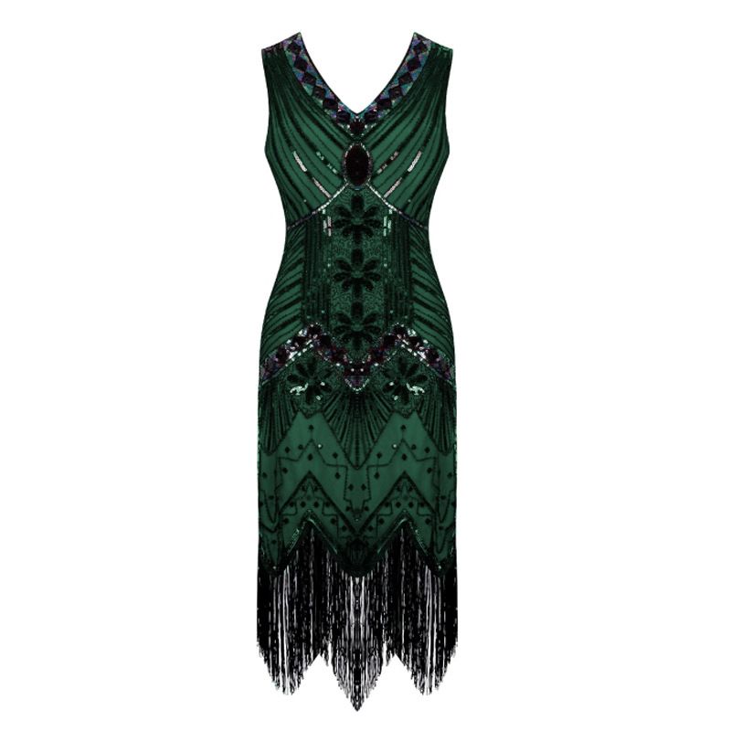 1920s Vintage Flapper Great Gatsby Party Dress V-Neck Sleeveless Sequin Beaded Tassel Midi Dress Party & Banquet Gown for Women