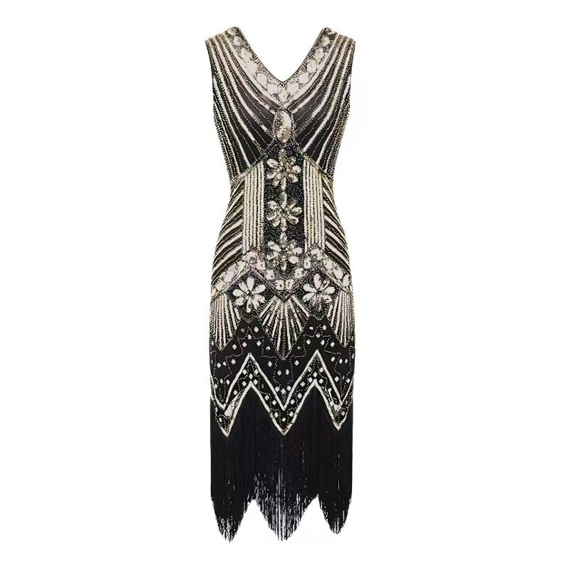 1920s Vintage Flapper Great Gatsby Party Dress V-Neck Sleeveless Sequin Beaded Tassel Midi Dress Party & Banquet Gown for Women