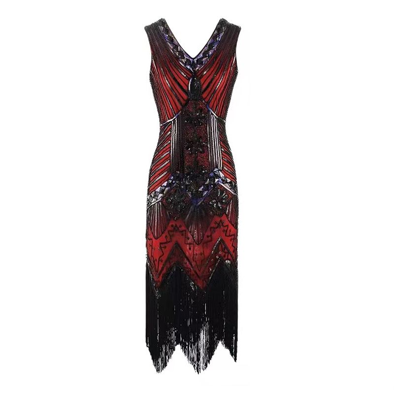 1920s Vintage Flapper Great Gatsby Party Dress V-Neck Sleeveless Sequin Beaded Tassel Midi Dress Party & Banquet Gown for Women