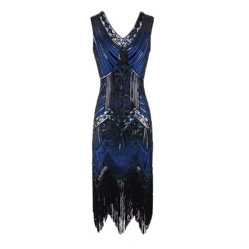 1920s Vintage Flapper Great Gatsby Party Dress V-Neck Sleeveless Sequin Beaded Tassel Midi Dress Party & Banquet Gown for Women