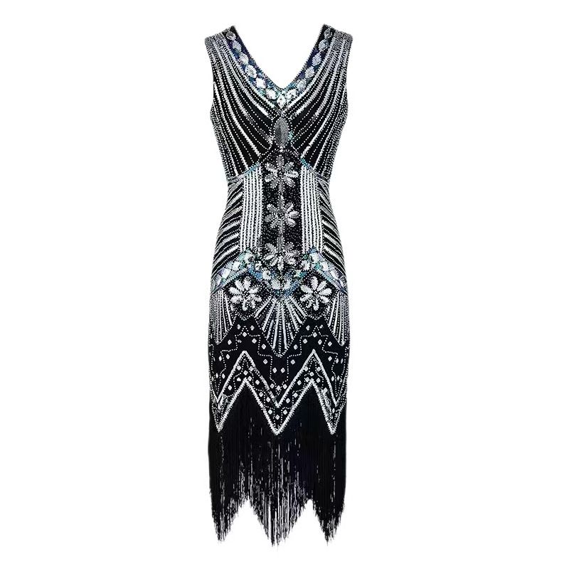 1920s Vintage Flapper Great Gatsby Party Dress V-Neck Sleeveless Sequin Beaded Tassel Midi Dress Party & Banquet Gown for Women