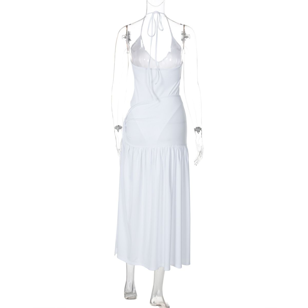2 Piece-Set Female V-Neck Jumpsuit with Straps Outfits Sexy Lace-Up Pleated High Waist Skirt Sets For Women White Bandage Hanging Neck Exposed Back Jumpsuit Wrapped Hip Half Skirt