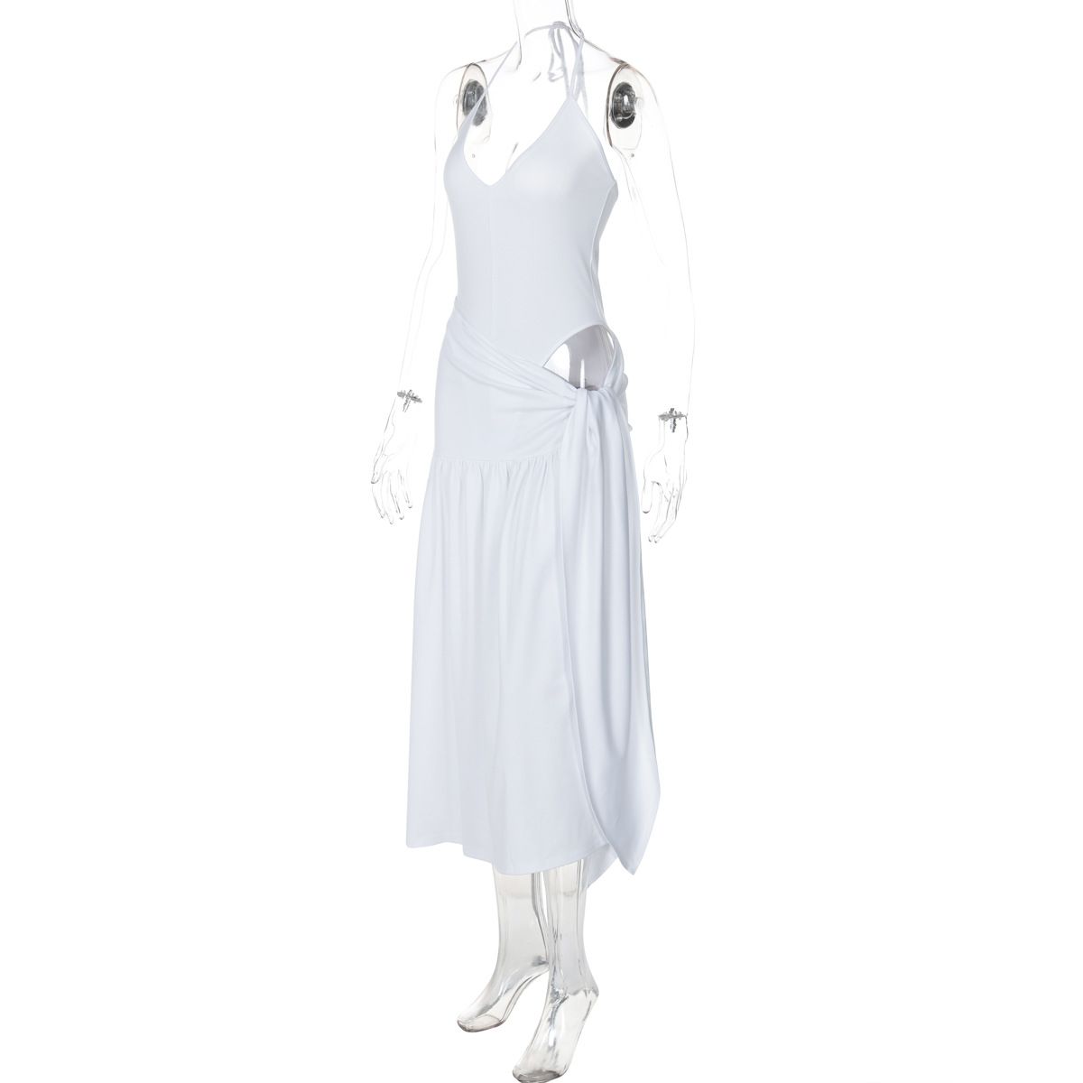 2 Piece-Set Female V-Neck Jumpsuit with Straps Outfits Sexy Lace-Up Pleated High Waist Skirt Sets For Women White Bandage Hanging Neck Exposed Back Jumpsuit Wrapped Hip Half Skirt