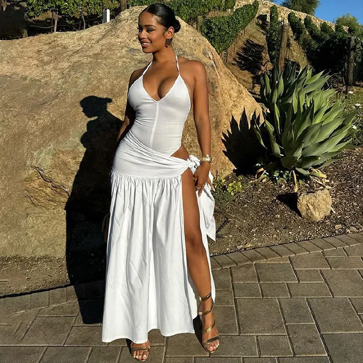 2 Piece-Set Female V-Neck Jumpsuit with Straps Outfits Sexy Lace-Up Pleated High Waist Skirt Sets For Women White Bandage Hanging Neck Exposed Back Jumpsuit Wrapped Hip Half Skirt
