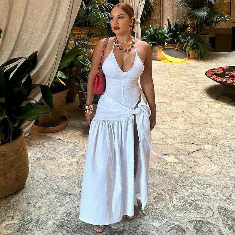 2 Piece-Set Female V-Neck Jumpsuit with Straps Outfits Sexy Lace-Up Pleated High Waist Skirt Sets For Women White Bandage Hanging Neck Exposed Back Jumpsuit Wrapped Hip Half Skirt