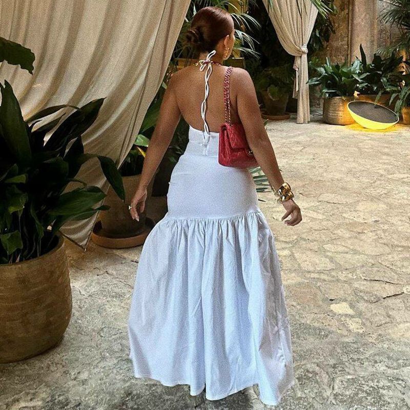2 Piece-Set Female V-Neck Jumpsuit with Straps Outfits Sexy Lace-Up Pleated High Waist Skirt Sets For Women White Bandage Hanging Neck Exposed Back Jumpsuit Wrapped Hip Half Skirt