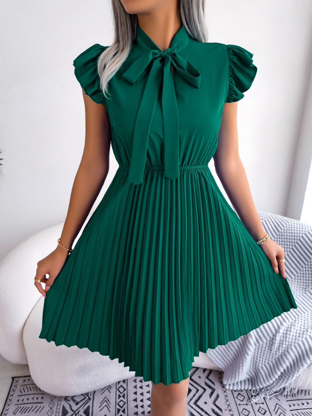 Women's Spring Summer Elegant Lace Up High Waist Ruffle Trim Pleated Dress Bow Collar Solid Dresses