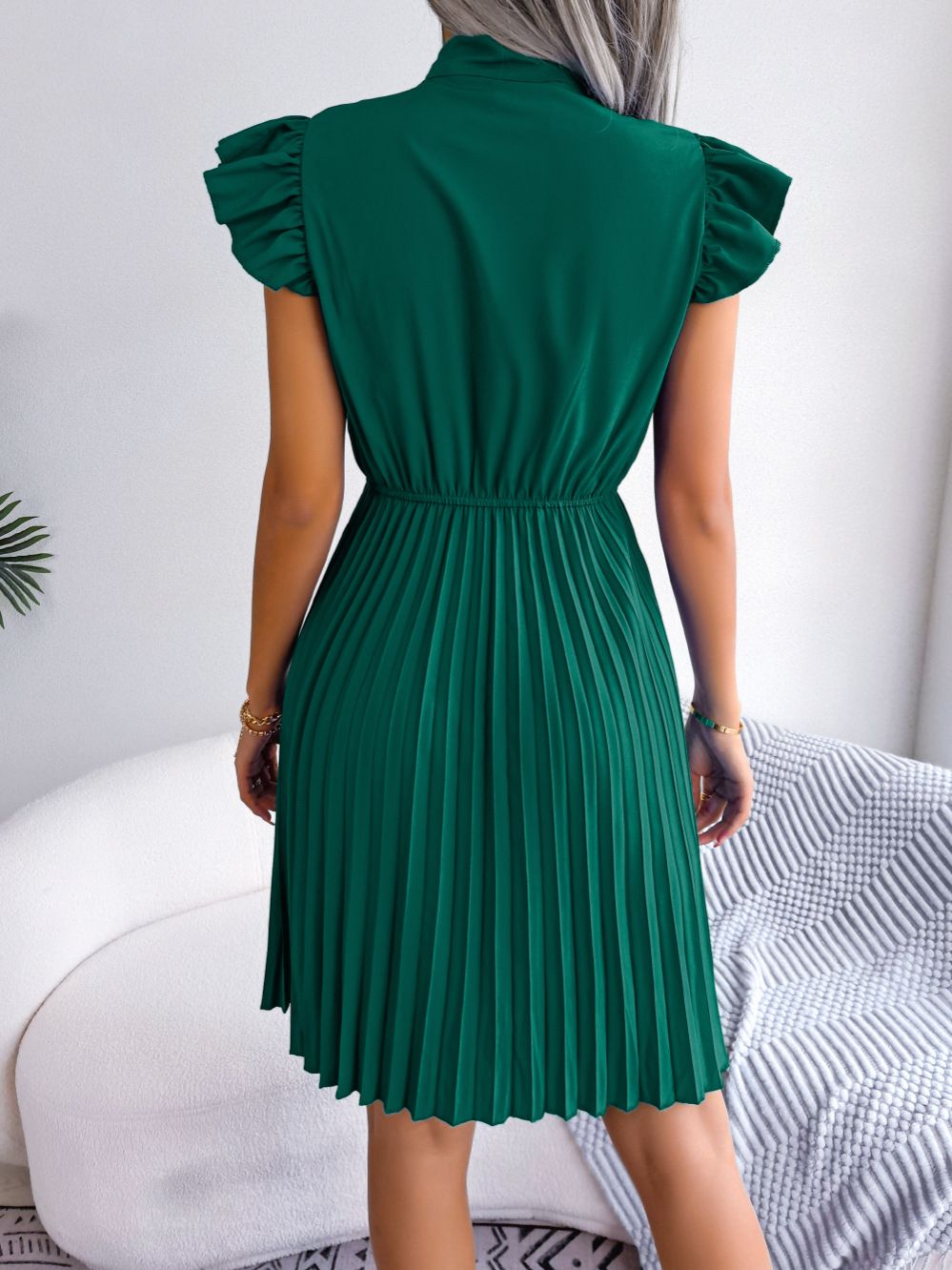 Women's Spring Summer Elegant Lace Up High Waist Ruffle Trim Pleated Dress Bow Collar Solid Dresses