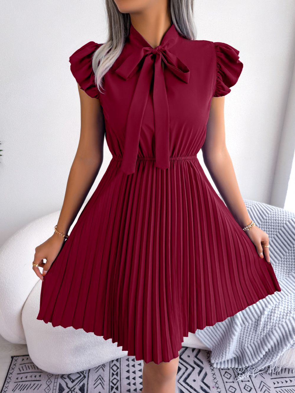 Women's Spring Summer Elegant Lace Up High Waist Ruffle Trim Pleated Dress Bow Collar Solid Dresses