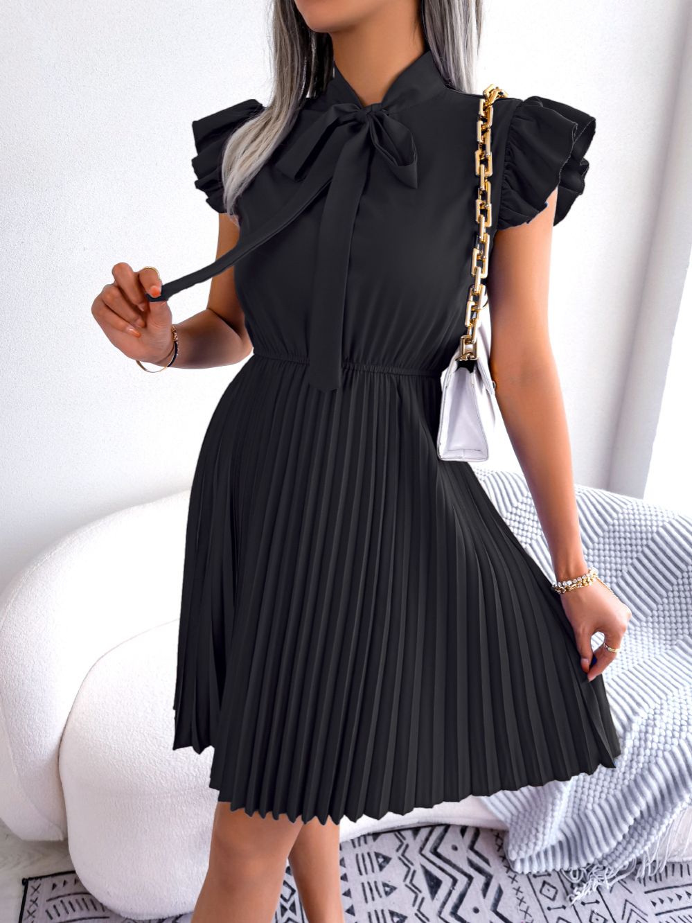 Women's Spring Summer Elegant Lace Up High Waist Ruffle Trim Pleated Dress Bow Collar Solid Dresses