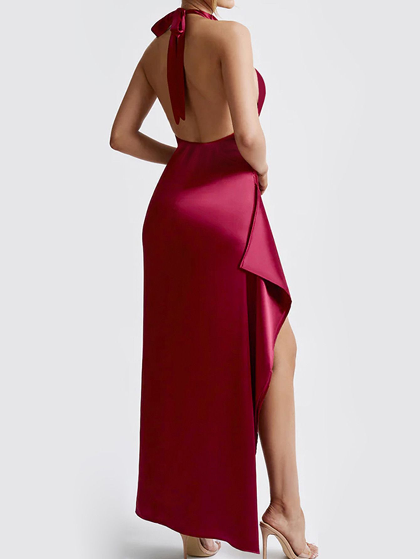 Women's Halter Backless Sleeveless Maxi Long Satin Dress Side Slit Elegant Dress Party Evening Gown Dress